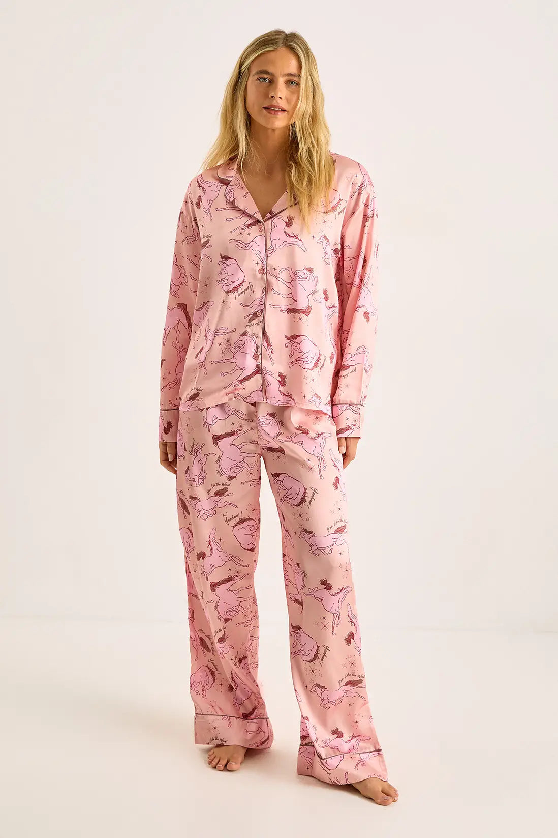 Oversized Satin Long Sleeve Shirt & Trousers Pyjama Set Pink Horse