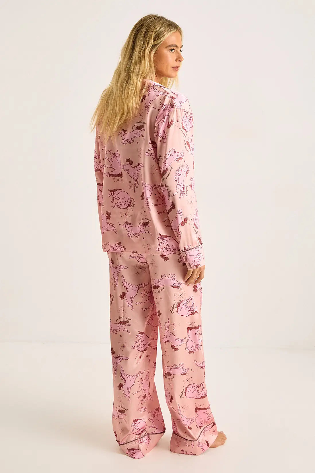 Oversized Satin Long Sleeve Shirt & Trousers Pyjama Set Pink Horse