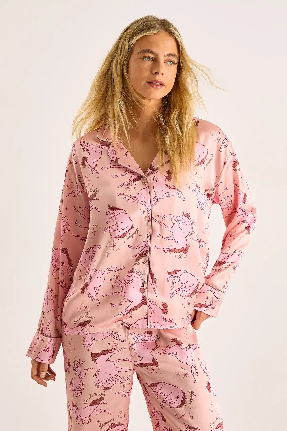 Oversized Satin Long Sleeve Shirt & Trousers Pyjama Set Pink Horse
