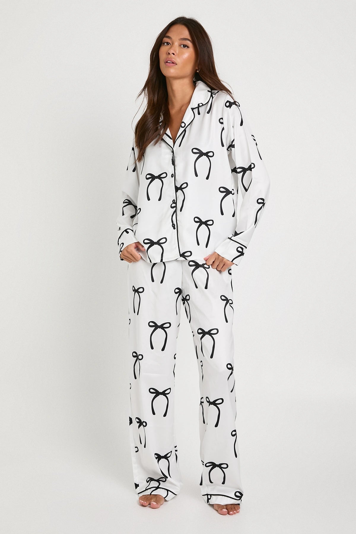 Oversized Satin Long Sleeve Shirt & Trousers Pyjama Set Leopard Butterfly