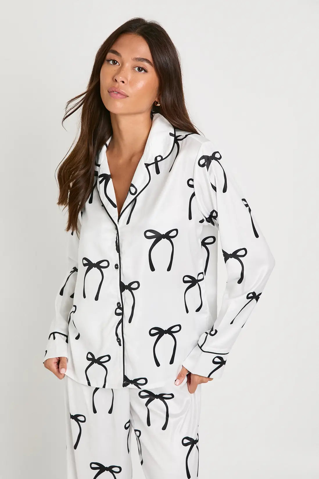 Oversized Satin Long Sleeve Shirt & Trousers Pyjama Set Leopard Butterfly