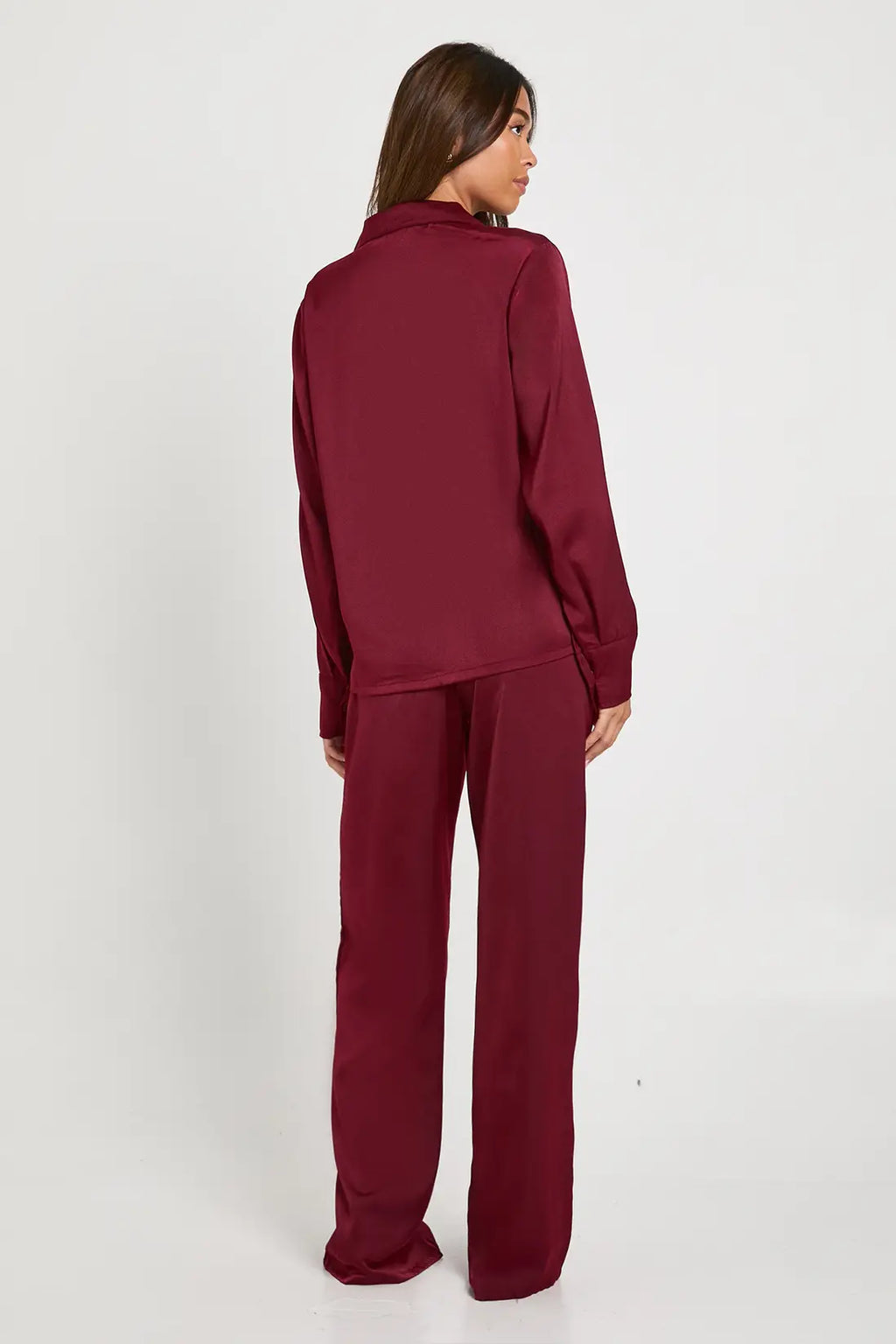 Oversized Satin Long Sleeve Shirt & Trousers Pyjama Set Burgundy