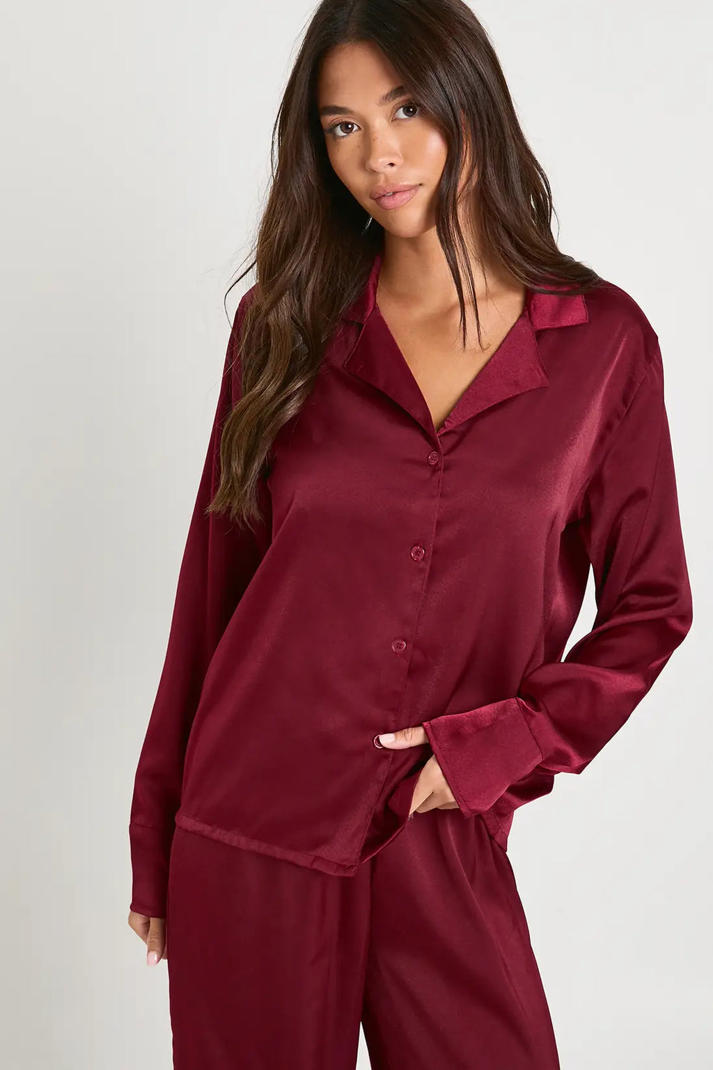 Oversized Satin Long Sleeve Shirt & Trousers Pyjama Set Burgundy