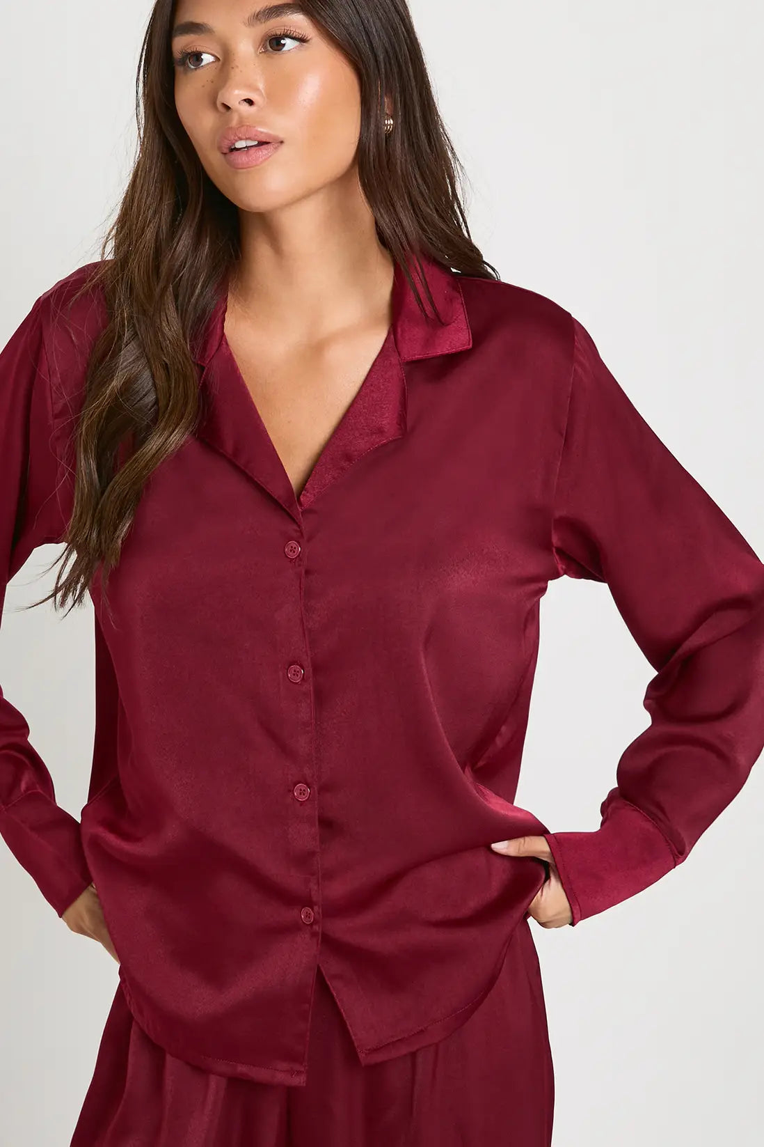 Oversized Satin Long Sleeve Shirt & Trousers Pyjama Set Burgundy