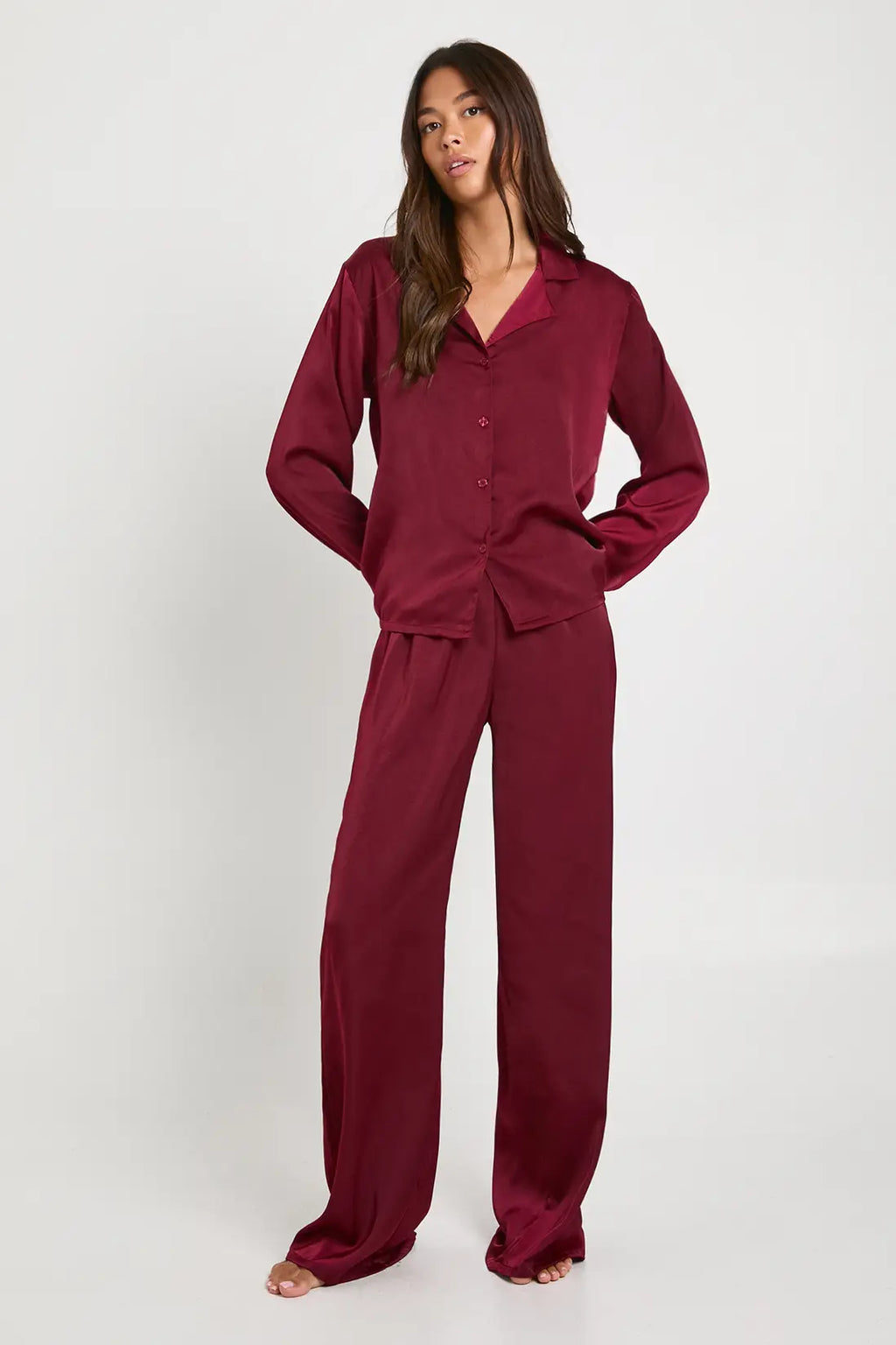 Oversized Satin Long Sleeve Shirt & Trousers Pyjama Set Burgundy