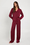 Oversized Satin Long Sleeve Shirt & Trousers Pyjama Set Burgundy