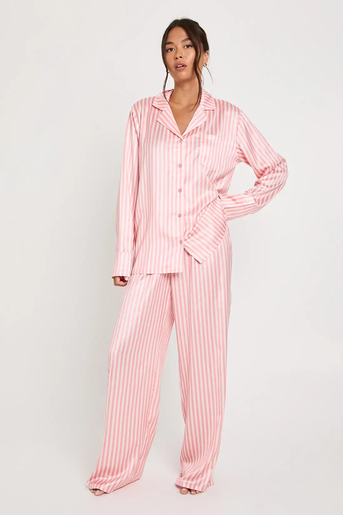 Oversized Satin Stripe Long Sleeve Shirt & Trousers Pyjama Set