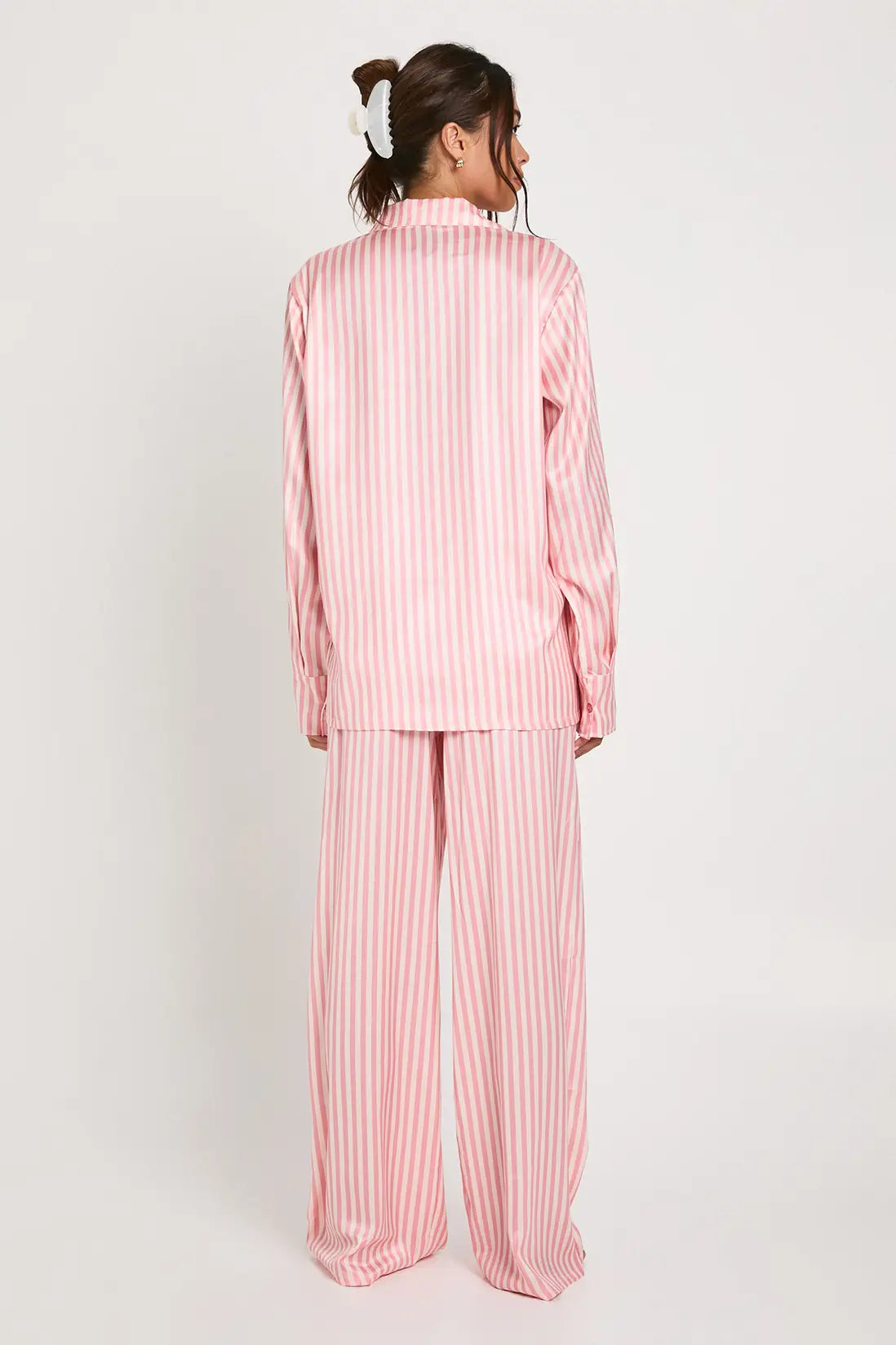 Oversized Satin Stripe Long Sleeve Shirt & Trousers Pyjama Set