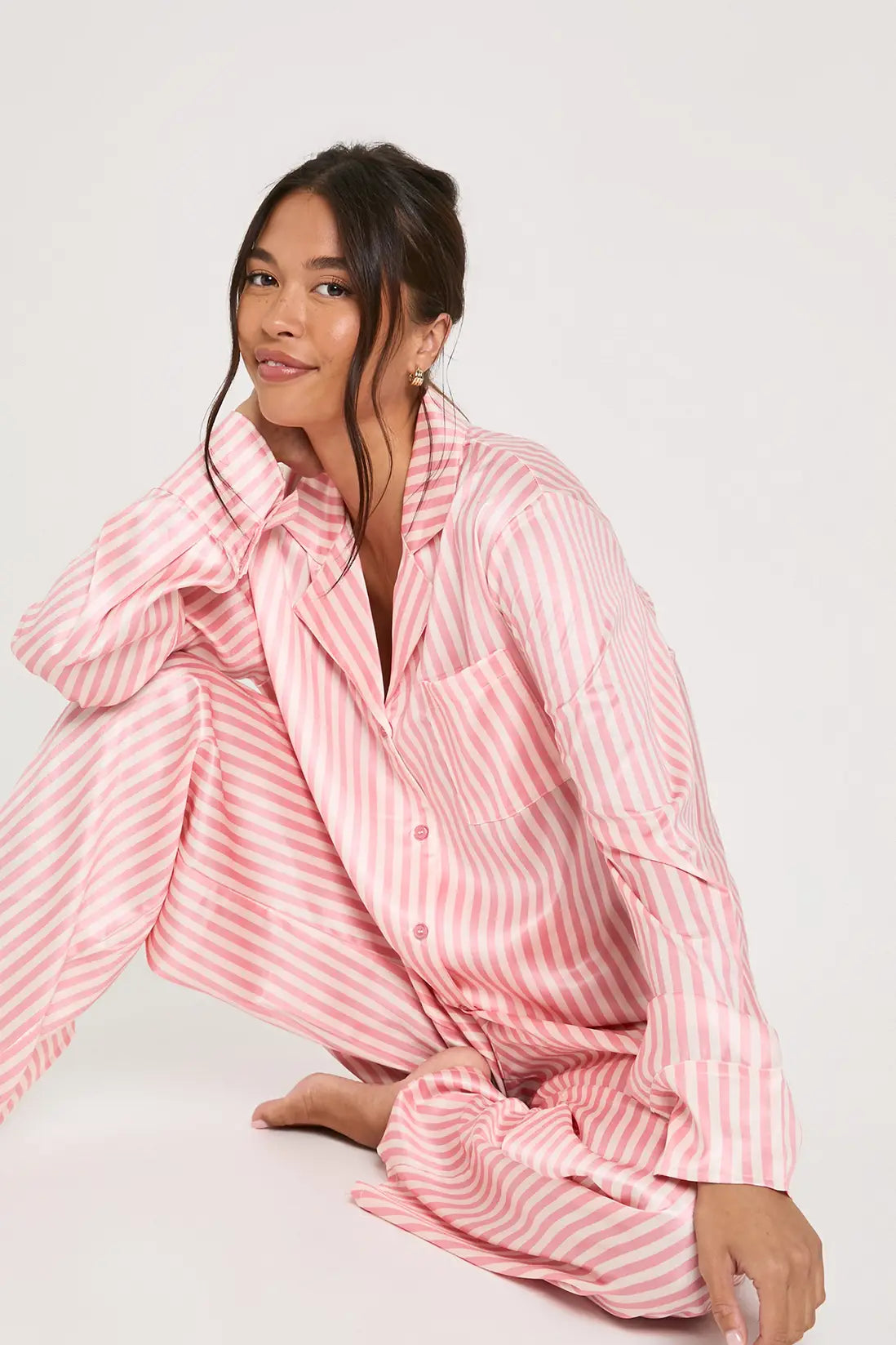 Oversized Satin Stripe Long Sleeve Shirt & Trousers Pyjama Set