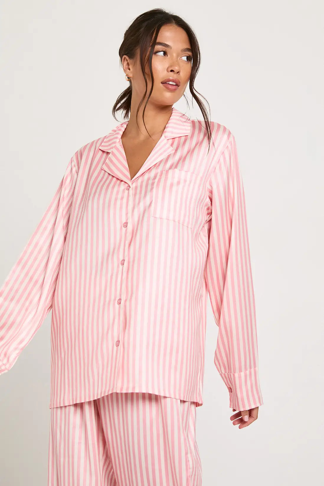 Oversized Satin Stripe Long Sleeve Shirt & Trousers Pyjama Set