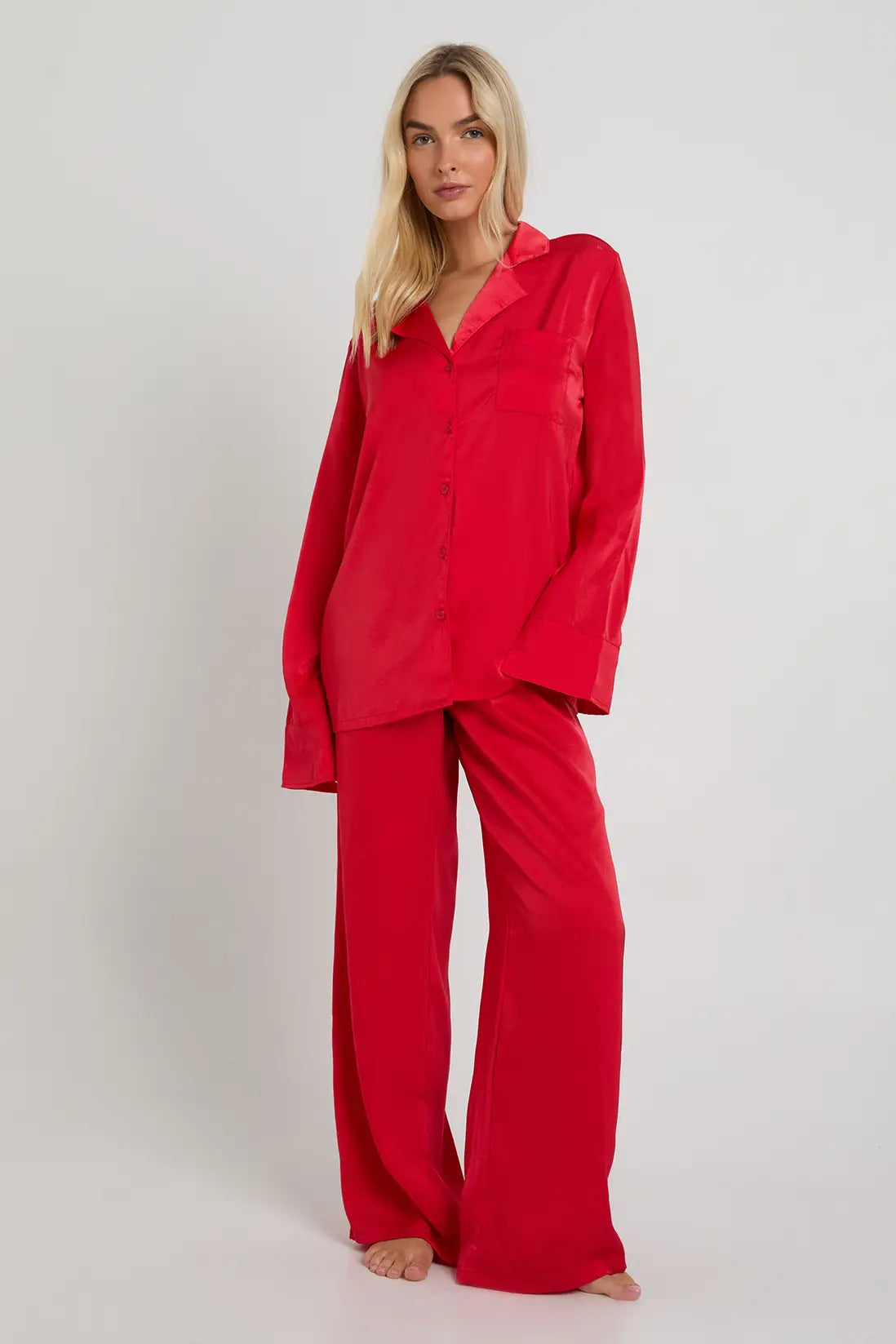 Oversized Satin  Long Sleeve Shirt & Trousers Pyjama Set Red