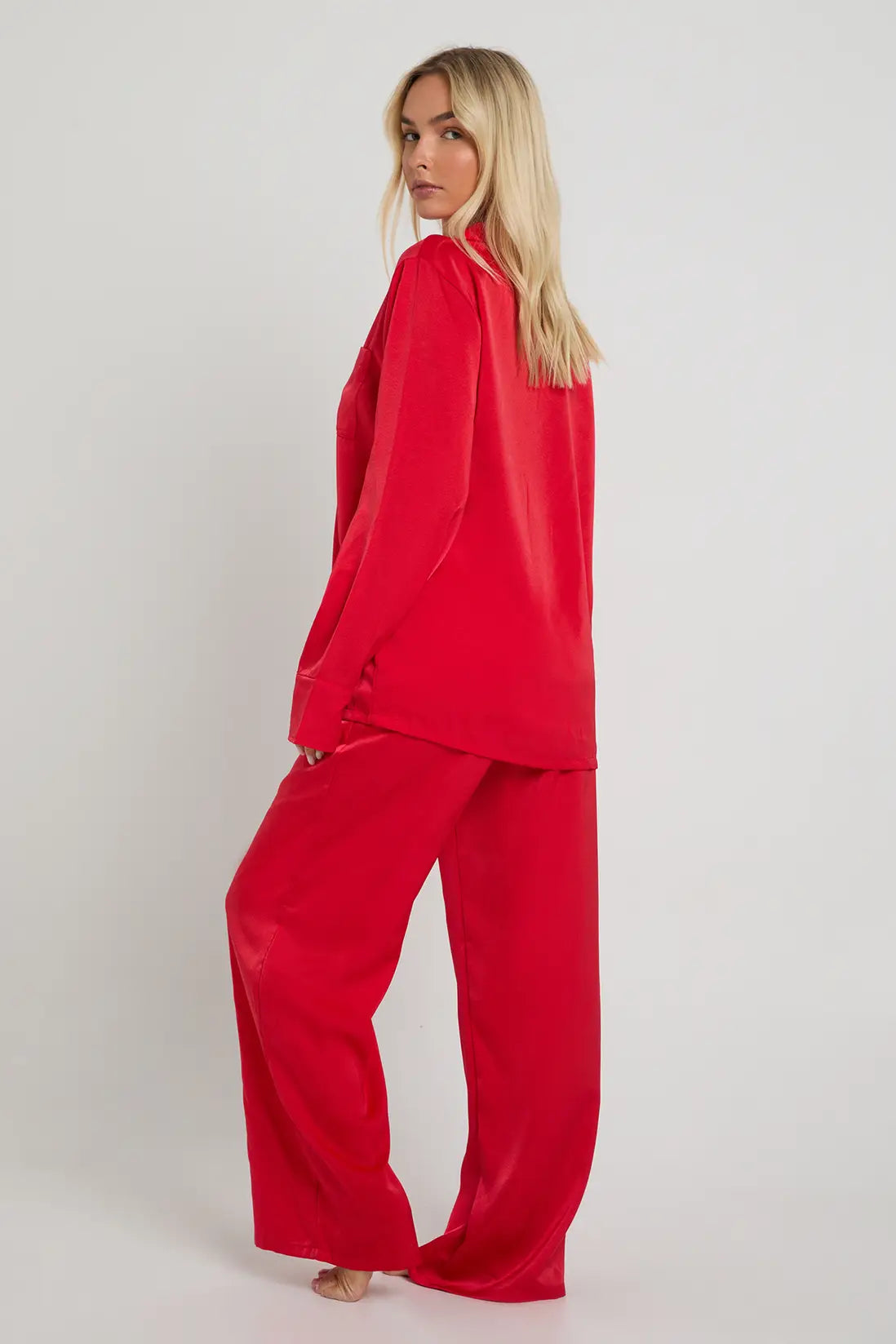 Oversized Satin  Long Sleeve Shirt & Trousers Pyjama Set Red