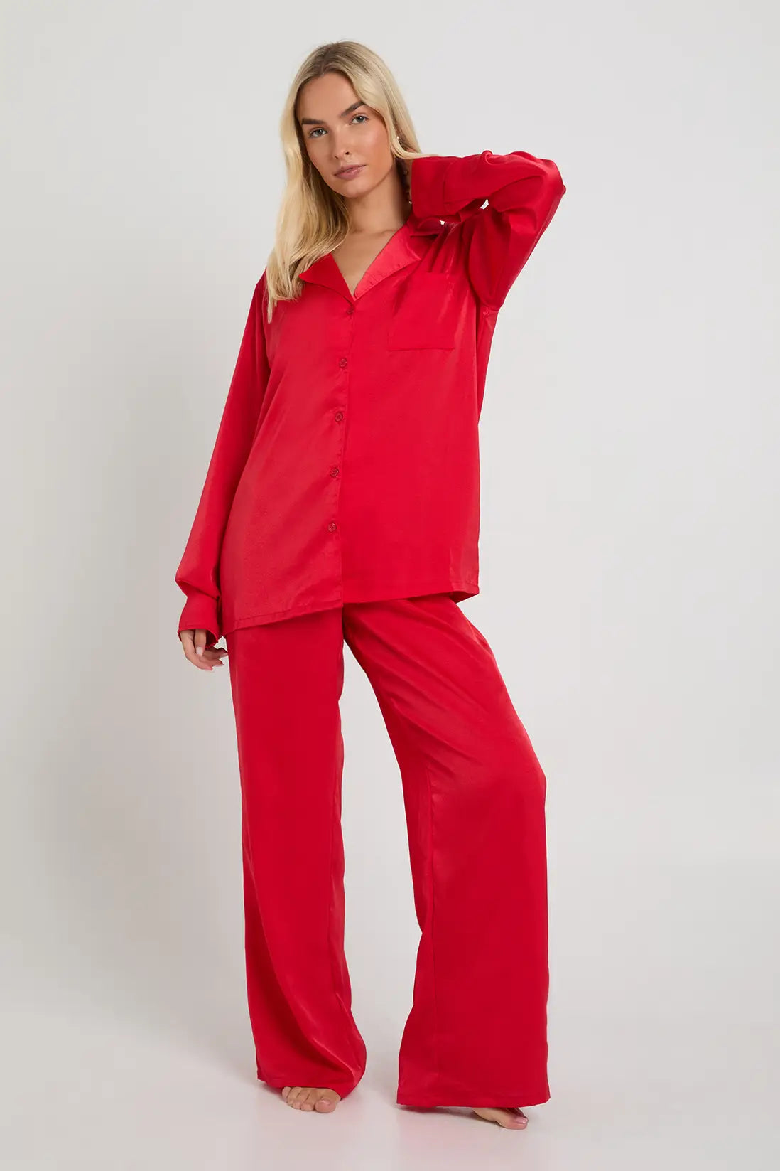Oversized Satin  Long Sleeve Shirt & Trousers Pyjama Set Red
