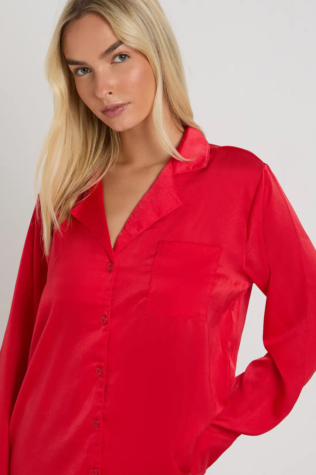 Oversized Satin  Long Sleeve Shirt & Trousers Pyjama Set Red
