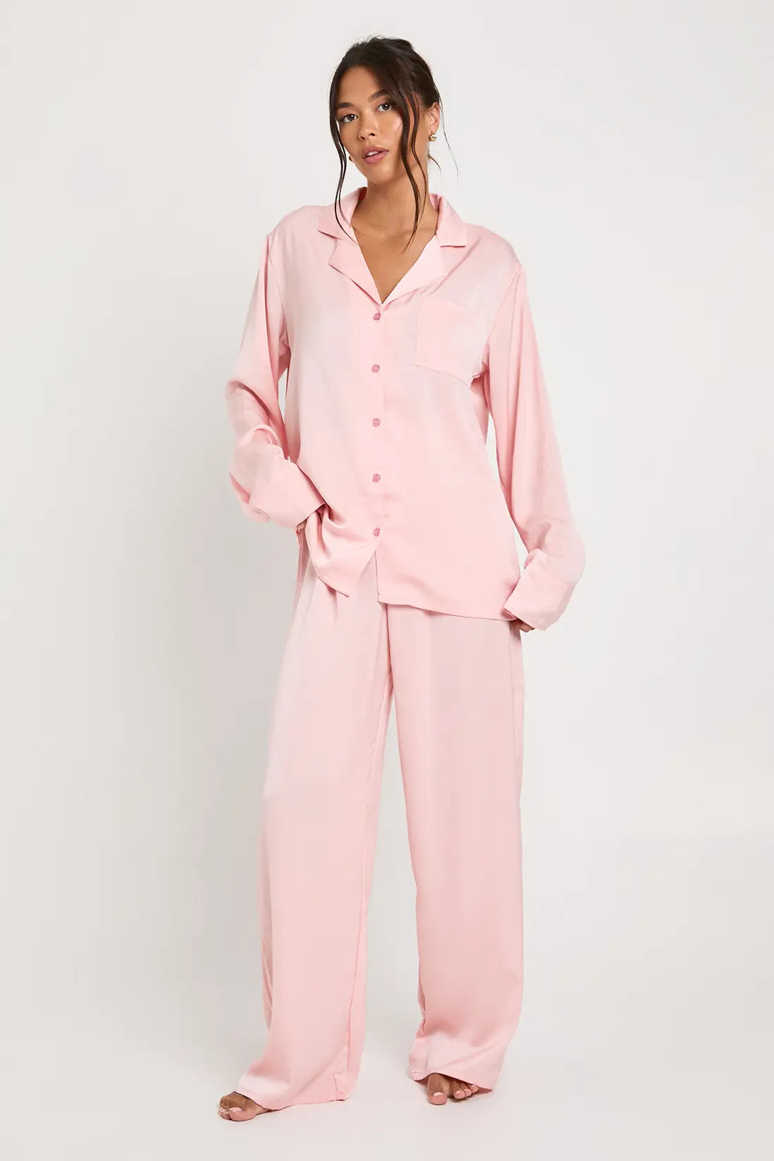 Oversized Satin Stripe Long Sleeve Shirt & Trousers Pyjama Set Blush