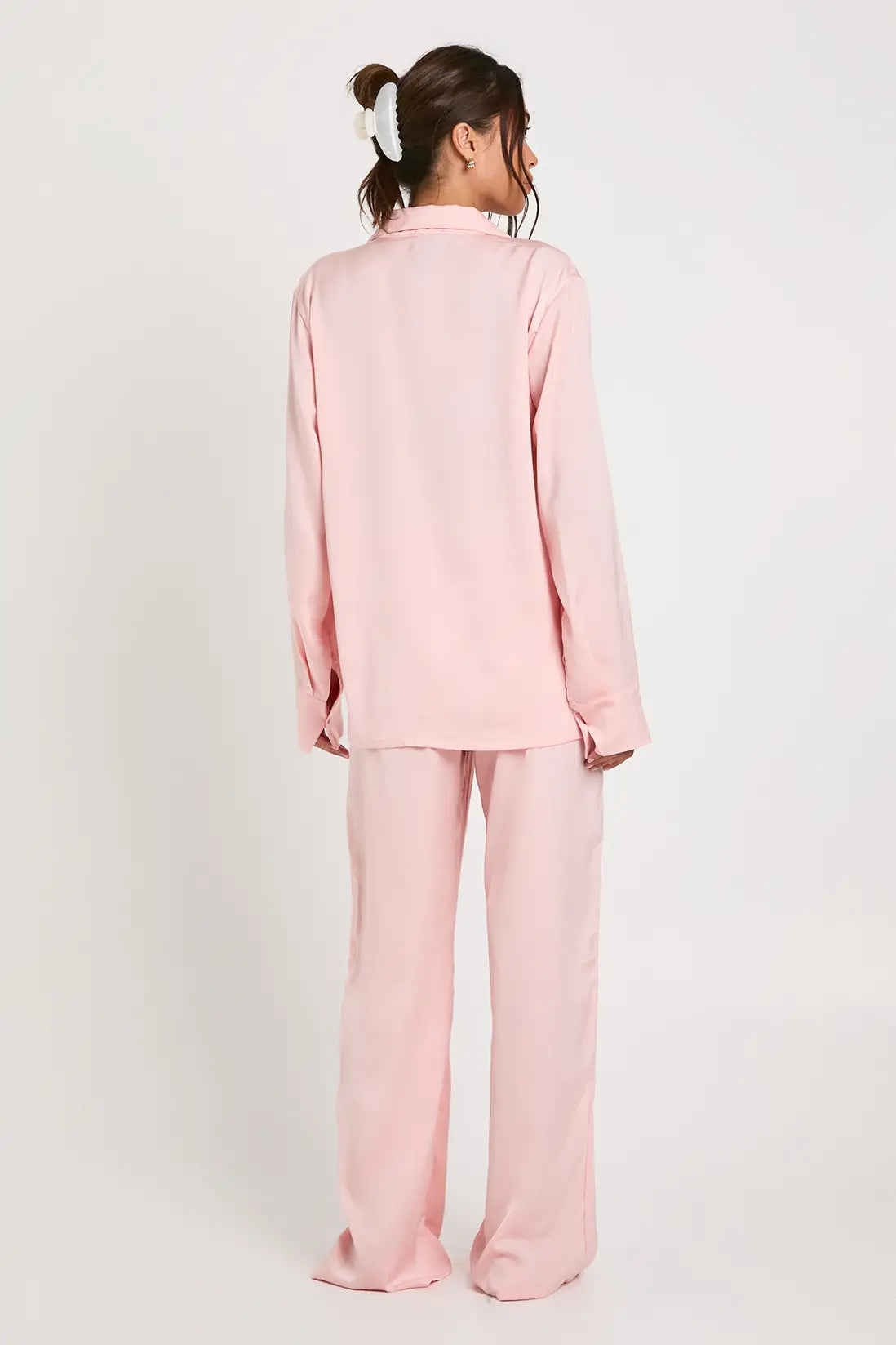 Oversized Satin Stripe Long Sleeve Shirt & Trousers Pyjama Set Blush