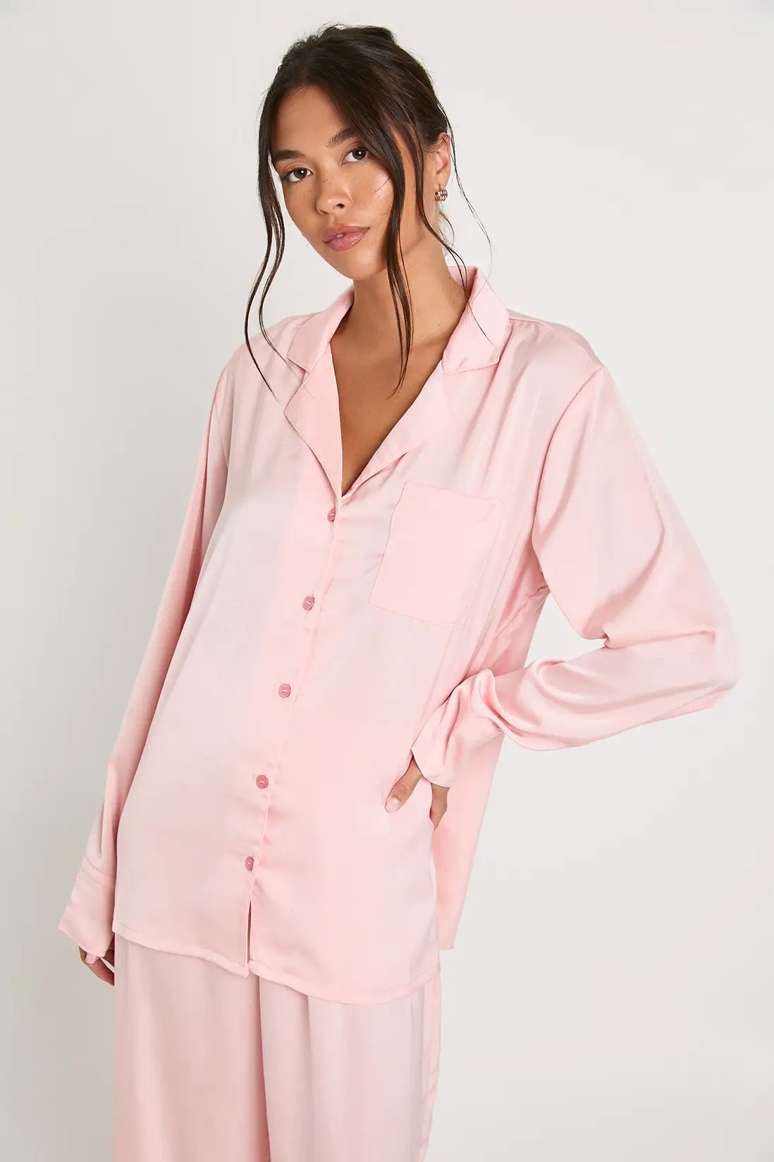 Oversized Satin Stripe Long Sleeve Shirt & Trousers Pyjama Set Blush
