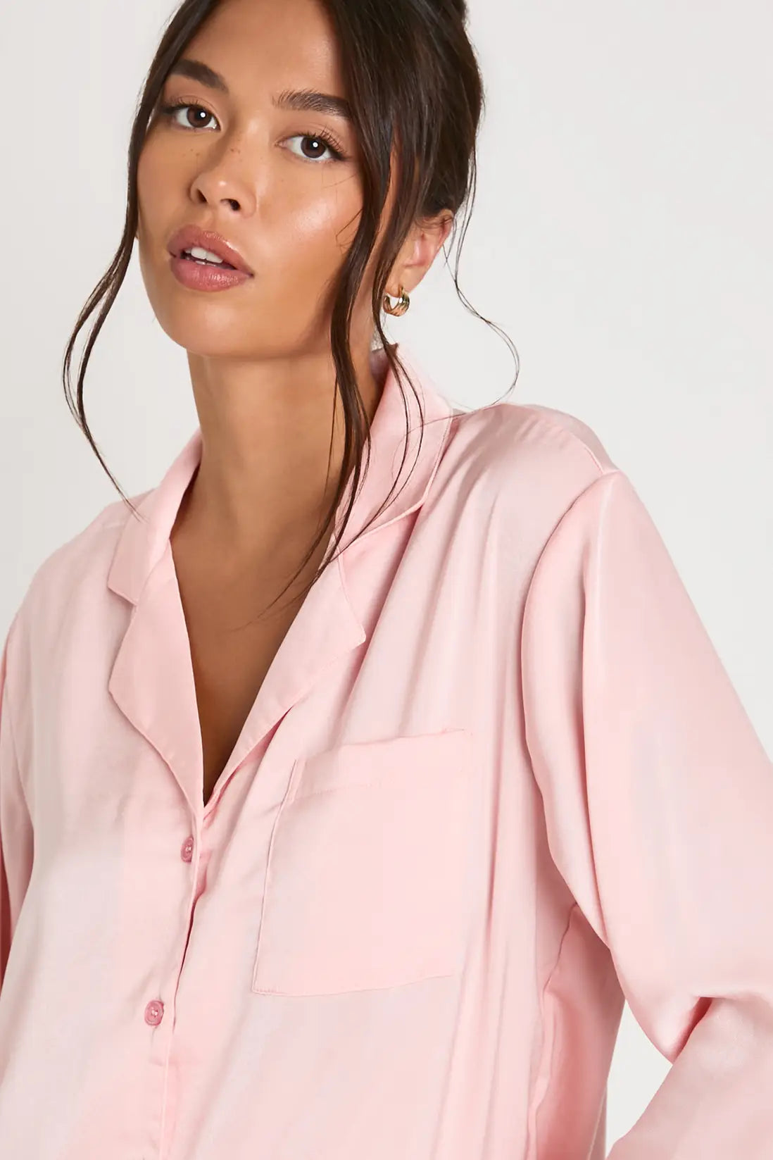 Oversized Satin Stripe Long Sleeve Shirt & Trousers Pyjama Set Blush