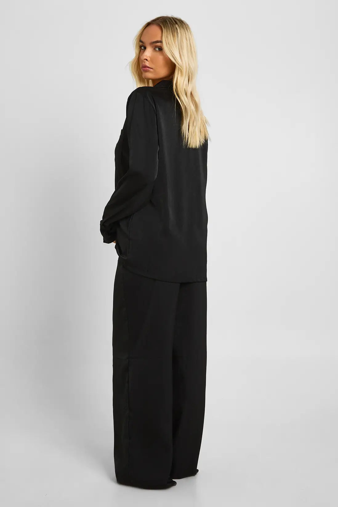 Oversized Satin Stripe Long Sleeve Shirt & Trousers Pyjama Set Black