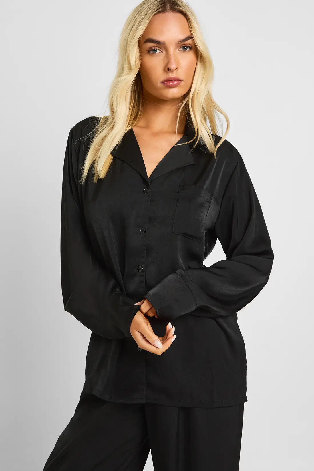 Oversized Satin Stripe Long Sleeve Shirt & Trousers Pyjama Set Black
