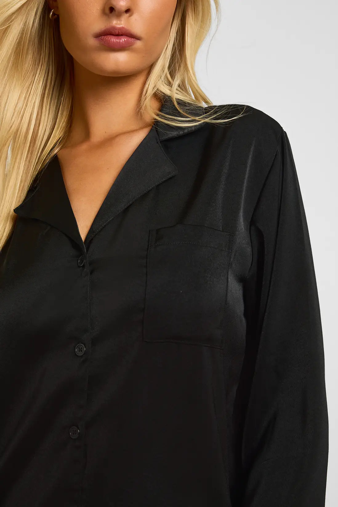 Oversized Satin Stripe Long Sleeve Shirt & Trousers Pyjama Set Black