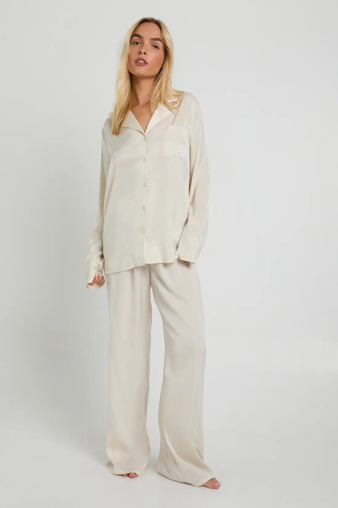 Oversized Satin Stripe Long Sleeve Shirt & Trousers Pyjama Set Cream