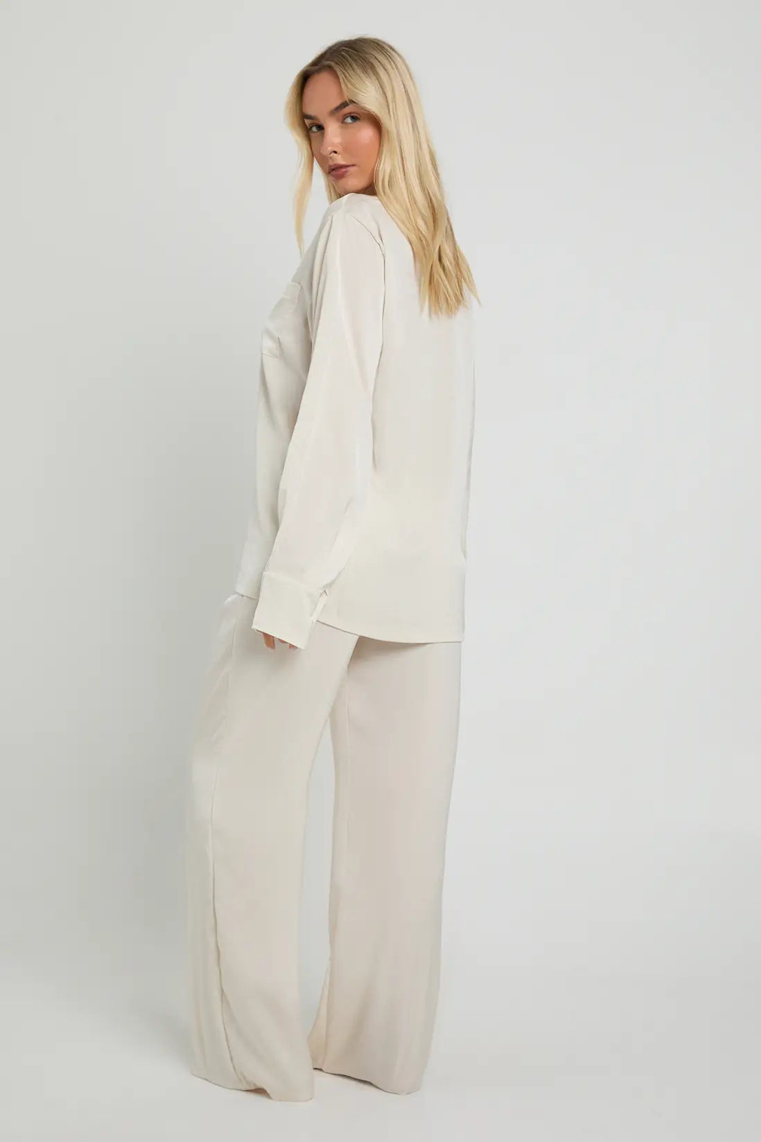 Oversized Satin Stripe Long Sleeve Shirt & Trousers Pyjama Set Cream