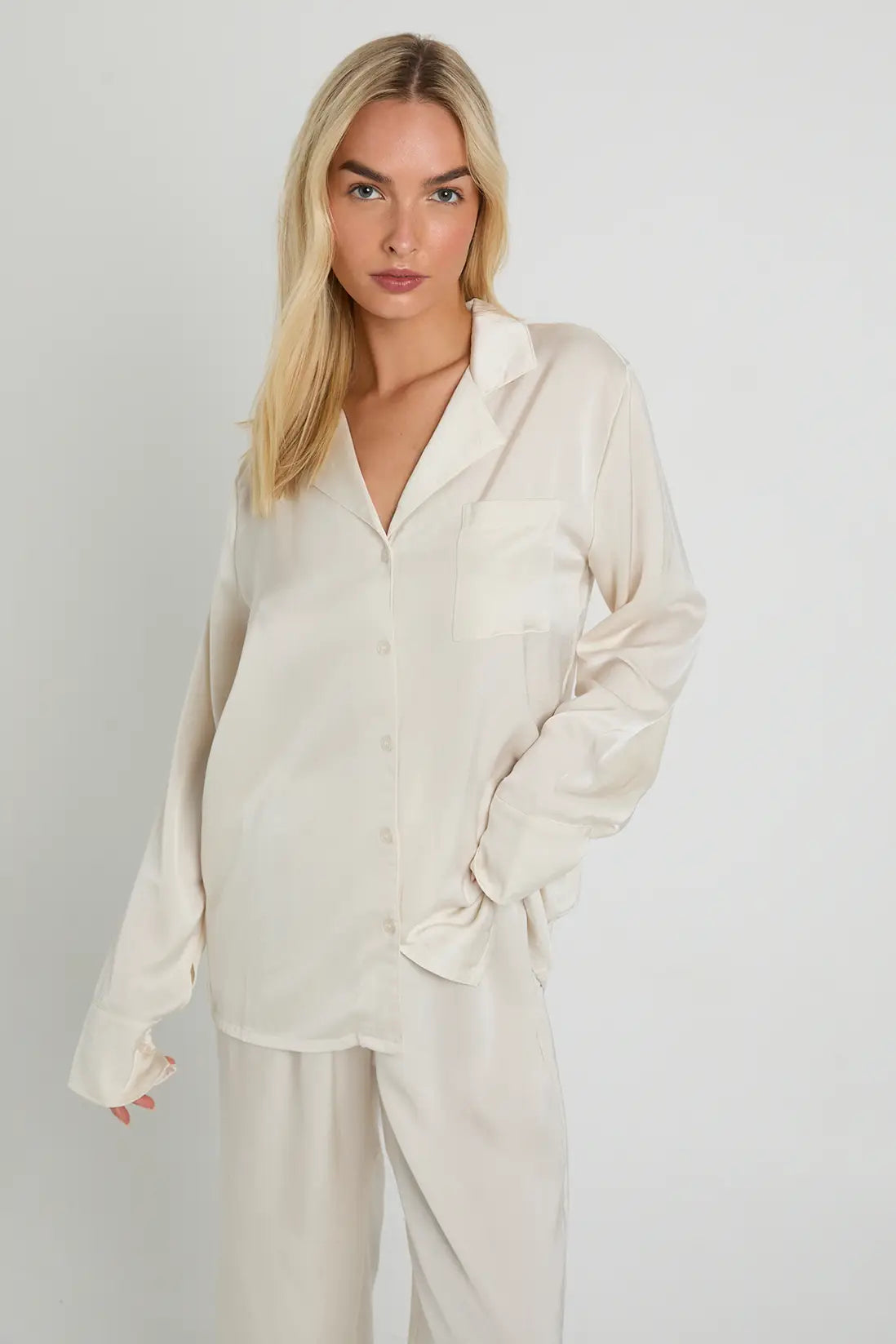Oversized Satin Stripe Long Sleeve Shirt & Trousers Pyjama Set Cream