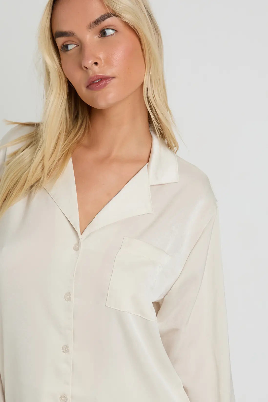 Oversized Satin Stripe Long Sleeve Shirt & Trousers Pyjama Set Cream