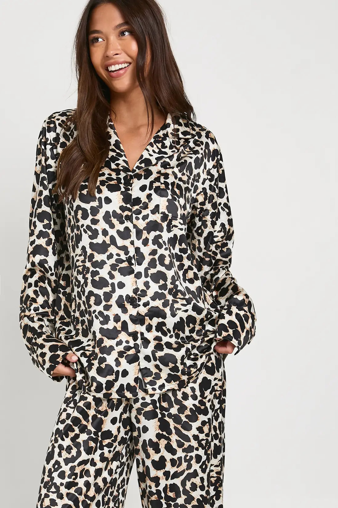 Oversized Satin  Long Sleeve Shirt & Trousers Pyjama Set Leopard