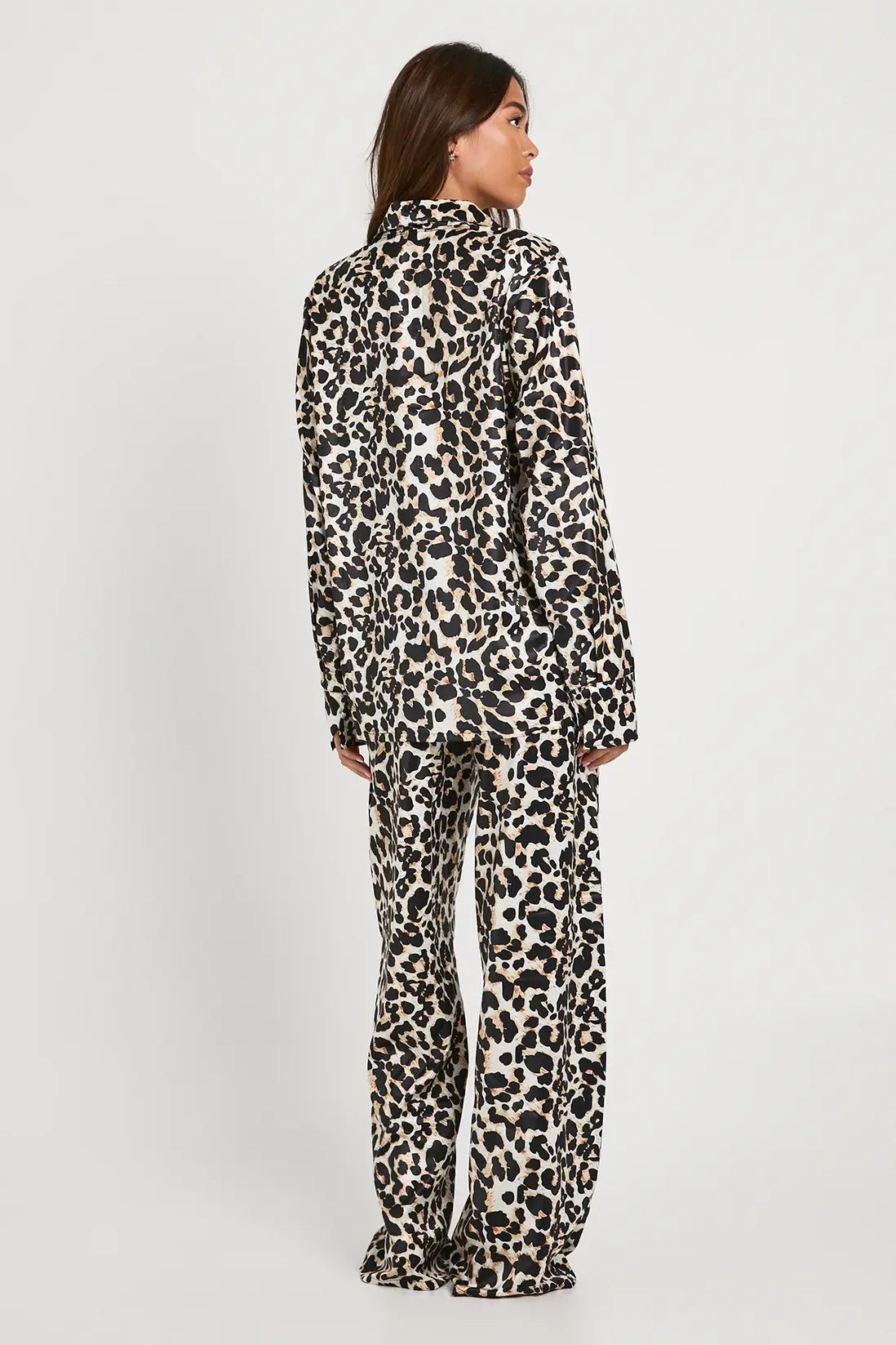 Oversized Satin  Long Sleeve Shirt & Trousers Pyjama Set Leopard