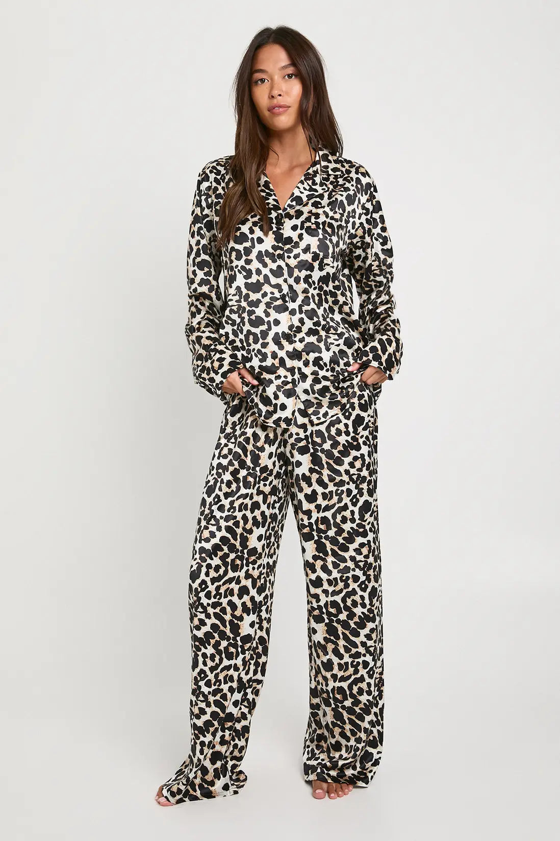 Oversized Satin  Long Sleeve Shirt & Trousers Pyjama Set Leopard