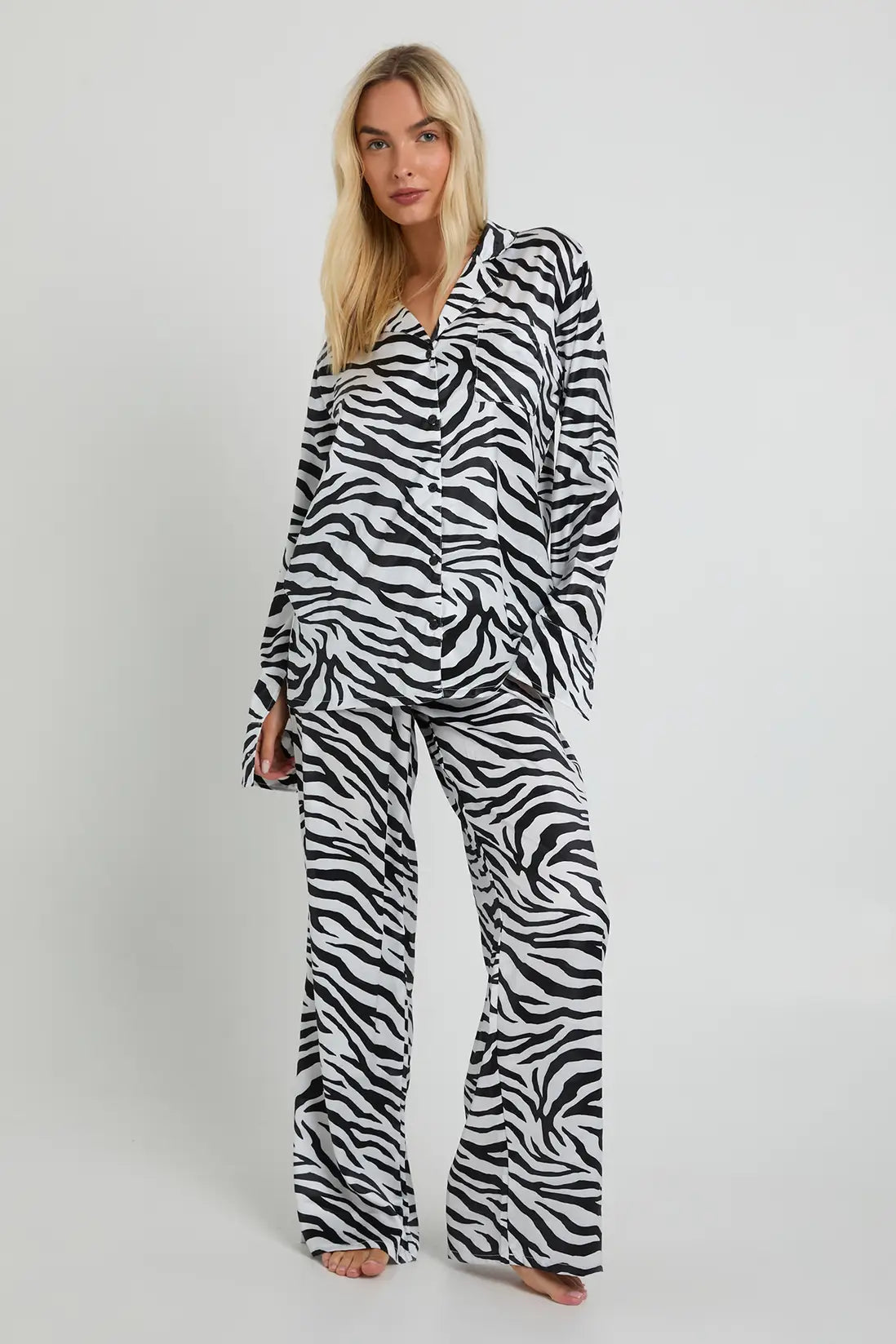 Oversized Satin Long Sleeve Shirt & Trousers Pyjama Set Leopard Zebra