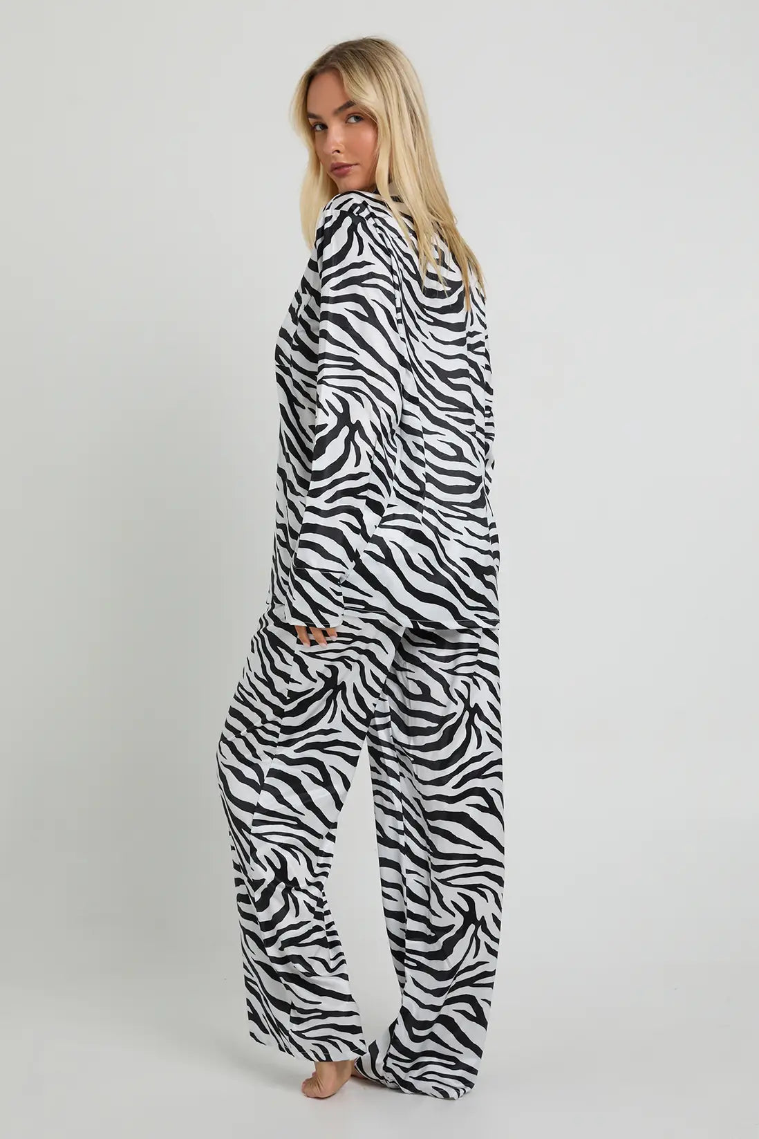 Oversized Satin Long Sleeve Shirt & Trousers Pyjama Set Leopard Zebra