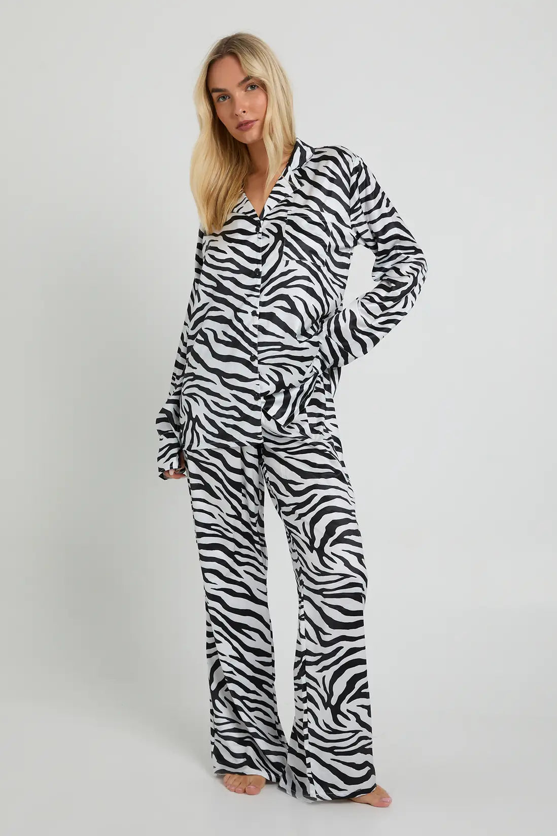 Oversized Satin Long Sleeve Shirt & Trousers Pyjama Set Leopard Zebra