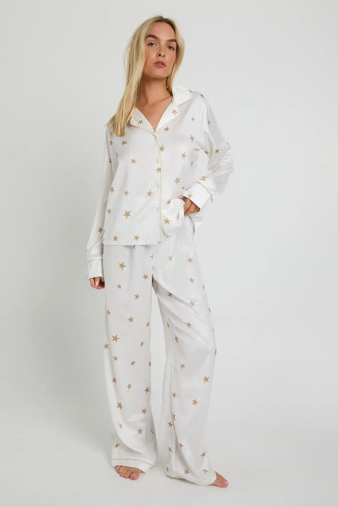Oversized Satin Long Sleeve Shirt & Trousers Pyjama Set Leopard Stars