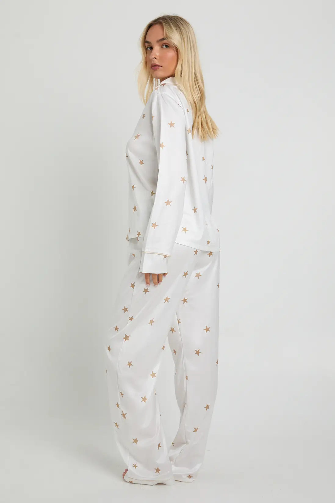 Oversized Satin Long Sleeve Shirt & Trousers Pyjama Set Leopard Stars
