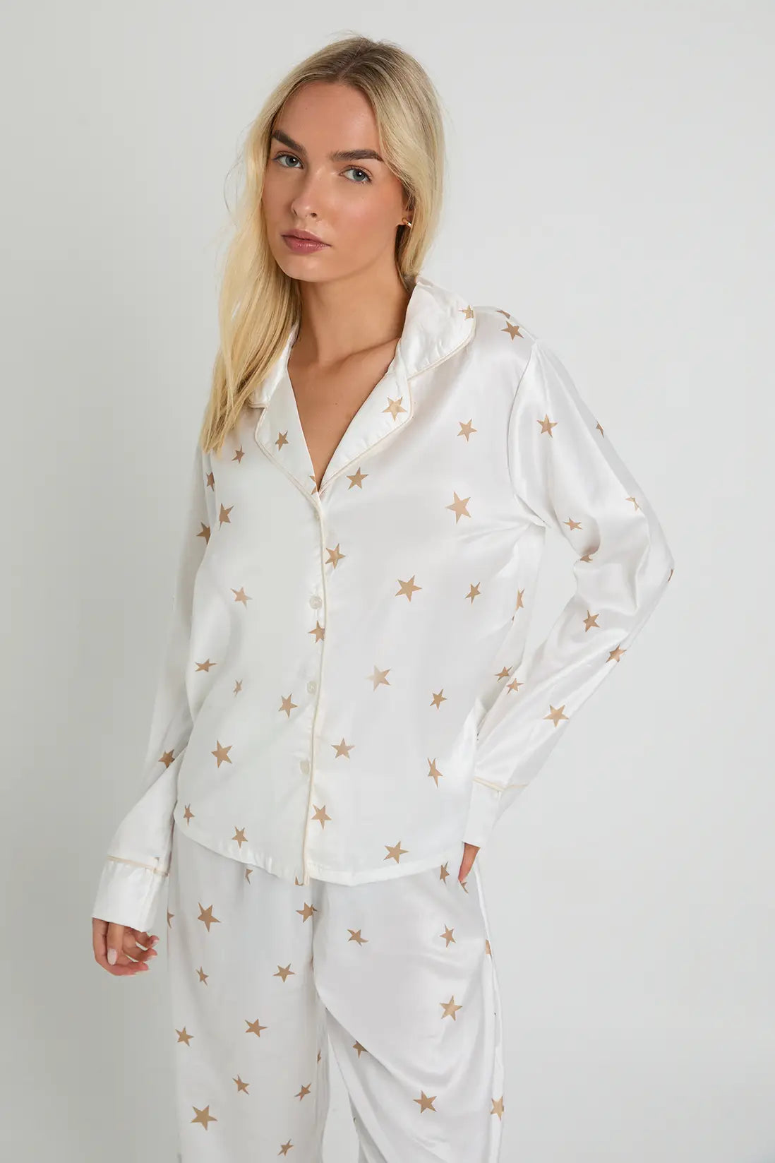 Oversized Satin Long Sleeve Shirt & Trousers Pyjama Set Leopard Stars
