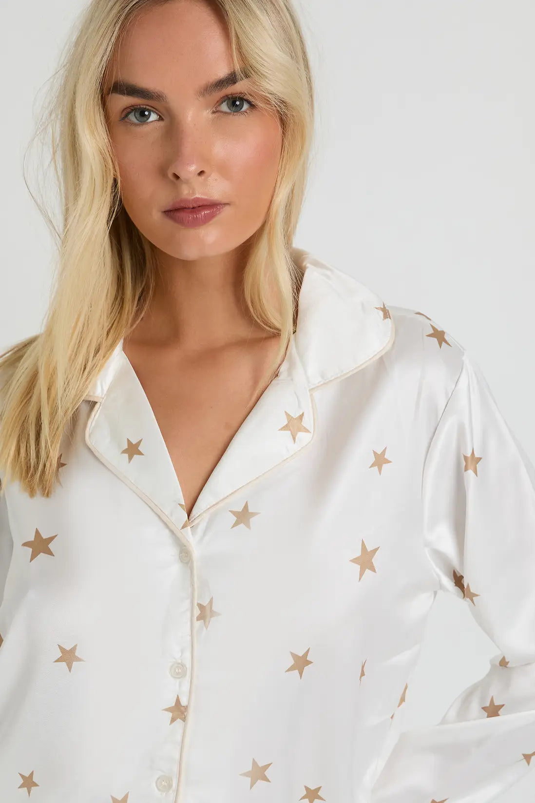 Oversized Satin Long Sleeve Shirt & Trousers Pyjama Set Leopard Stars