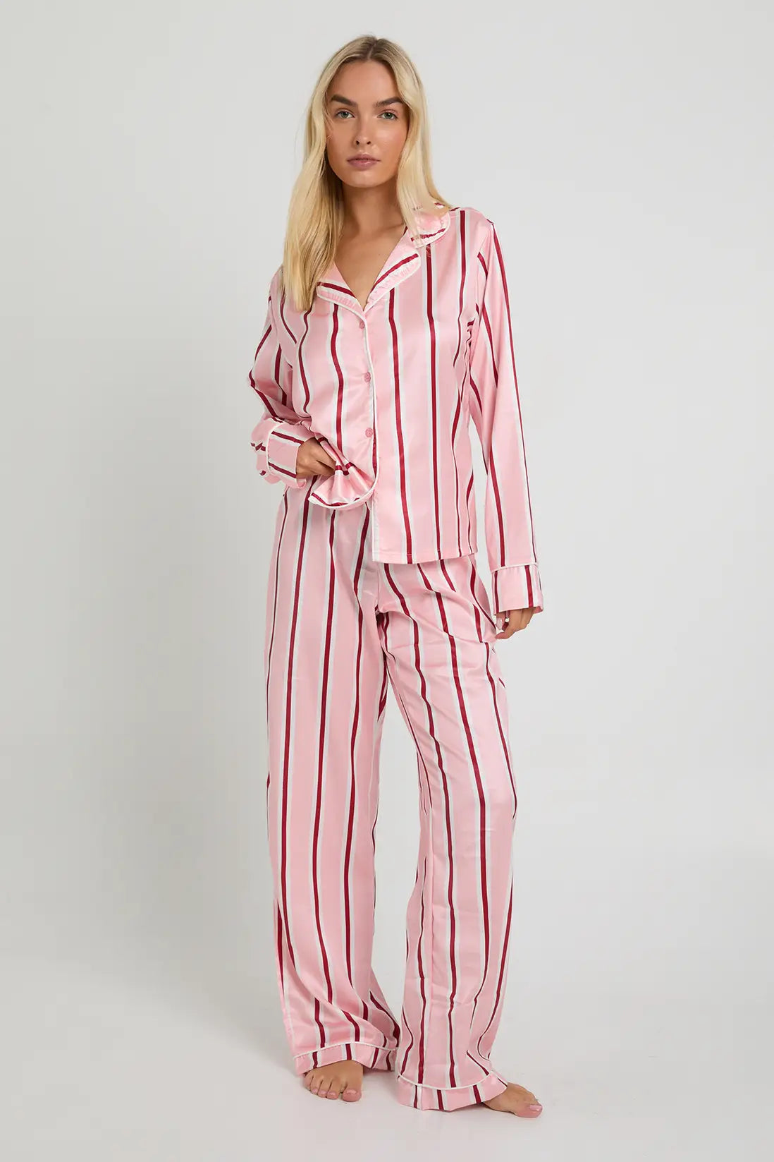 Oversized Satin Stripe Long Sleeve Shirt & Trousers Pyjama Set Stripped