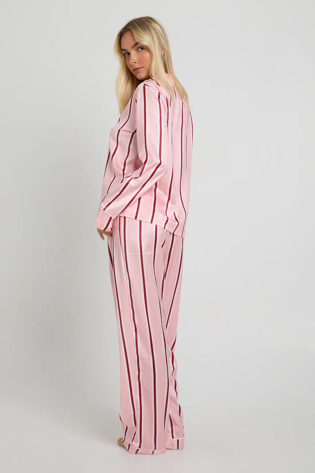Oversized Satin Stripe Long Sleeve Shirt & Trousers Pyjama Set Stripped
