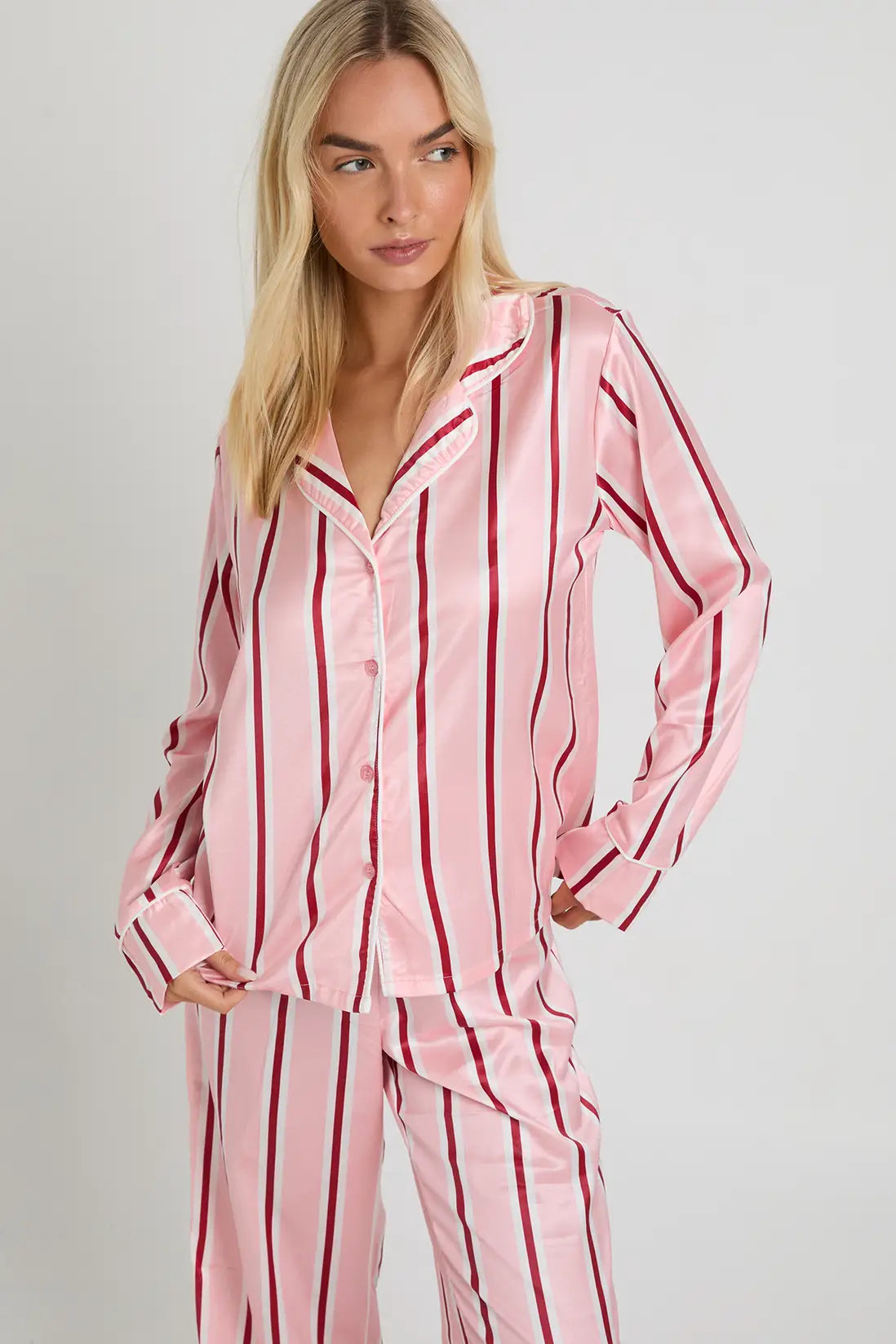 Oversized Satin Stripe Long Sleeve Shirt & Trousers Pyjama Set Stripped