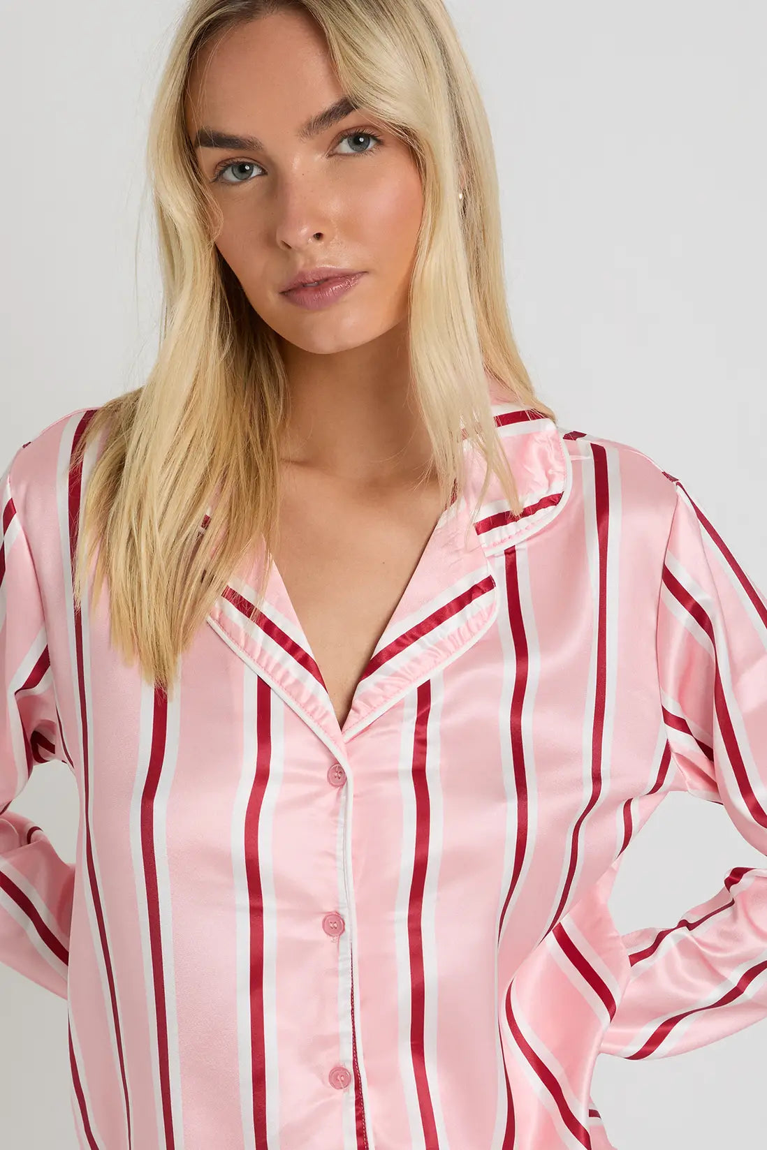 Oversized Satin Stripe Long Sleeve Shirt & Trousers Pyjama Set Stripped