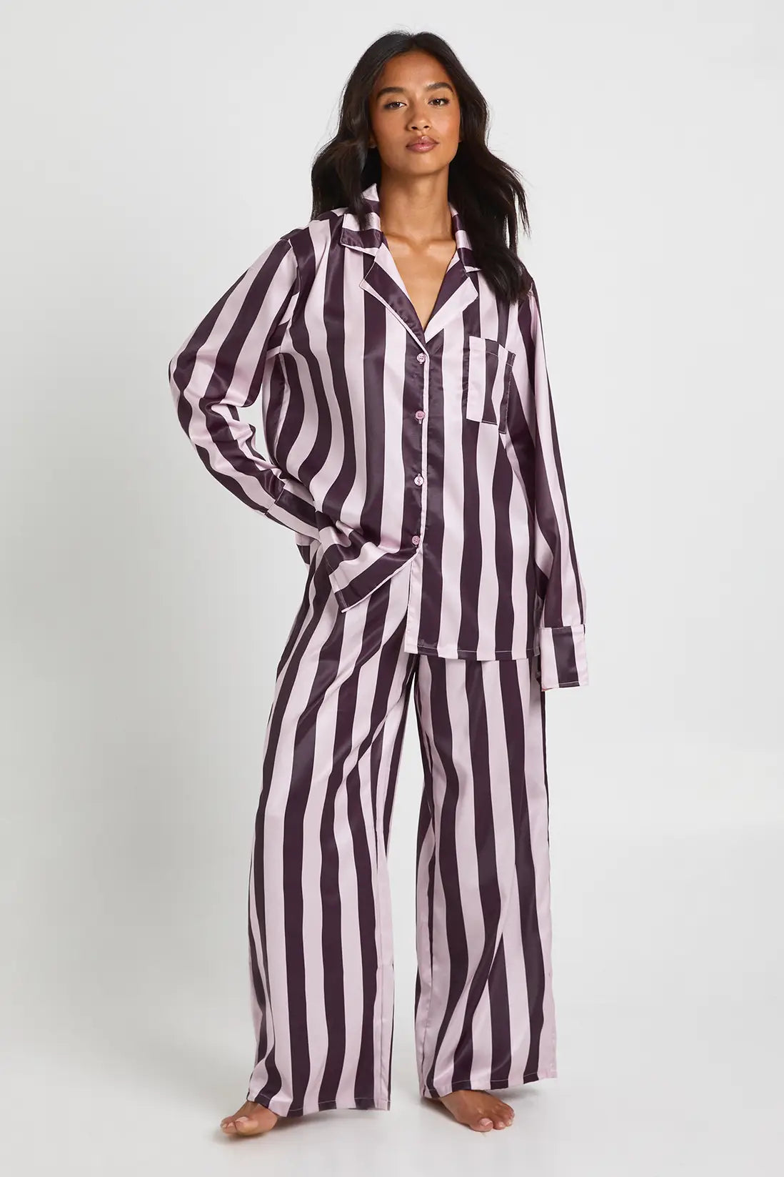 Oversized Satin Long Sleeve Shirt & Trousers Pyjama Set Pink