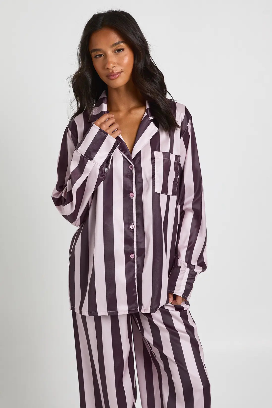 Oversized Satin Long Sleeve Shirt & Trousers Pyjama Set Pink