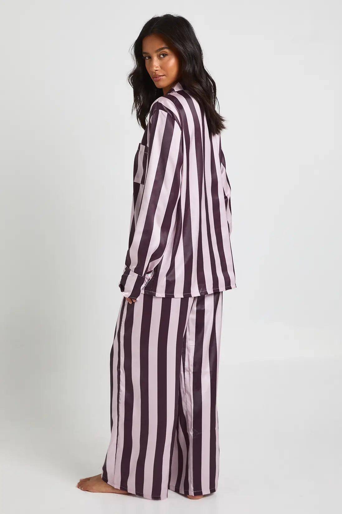 Oversized Satin Long Sleeve Shirt & Trousers Pyjama Set Pink